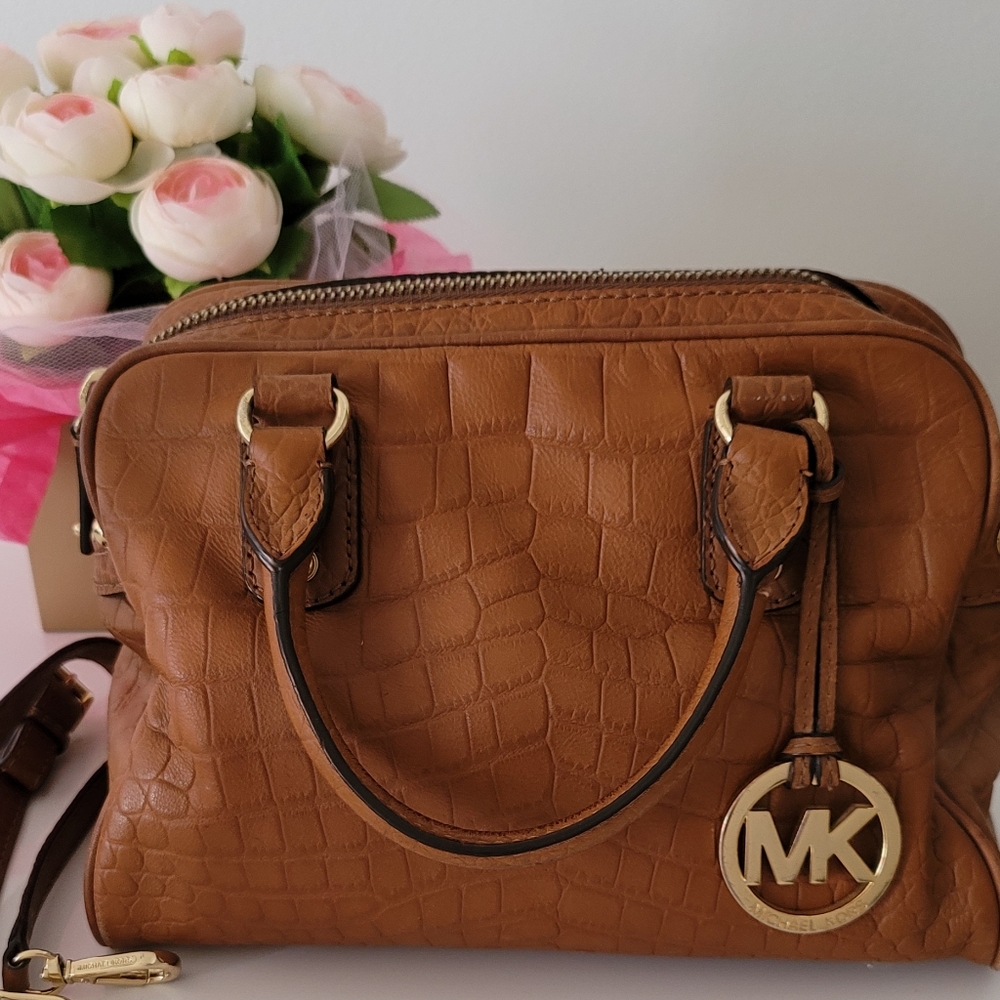 Michael kors croc embossed brown satchel handbag